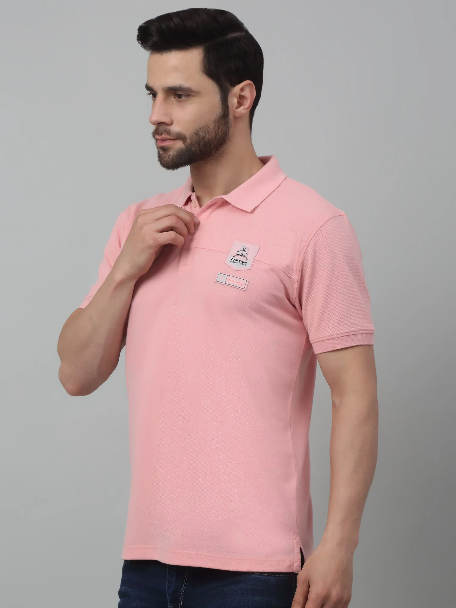 Men's Light Pink Polo neck Half Sleeve T-Shirt with cut n sew