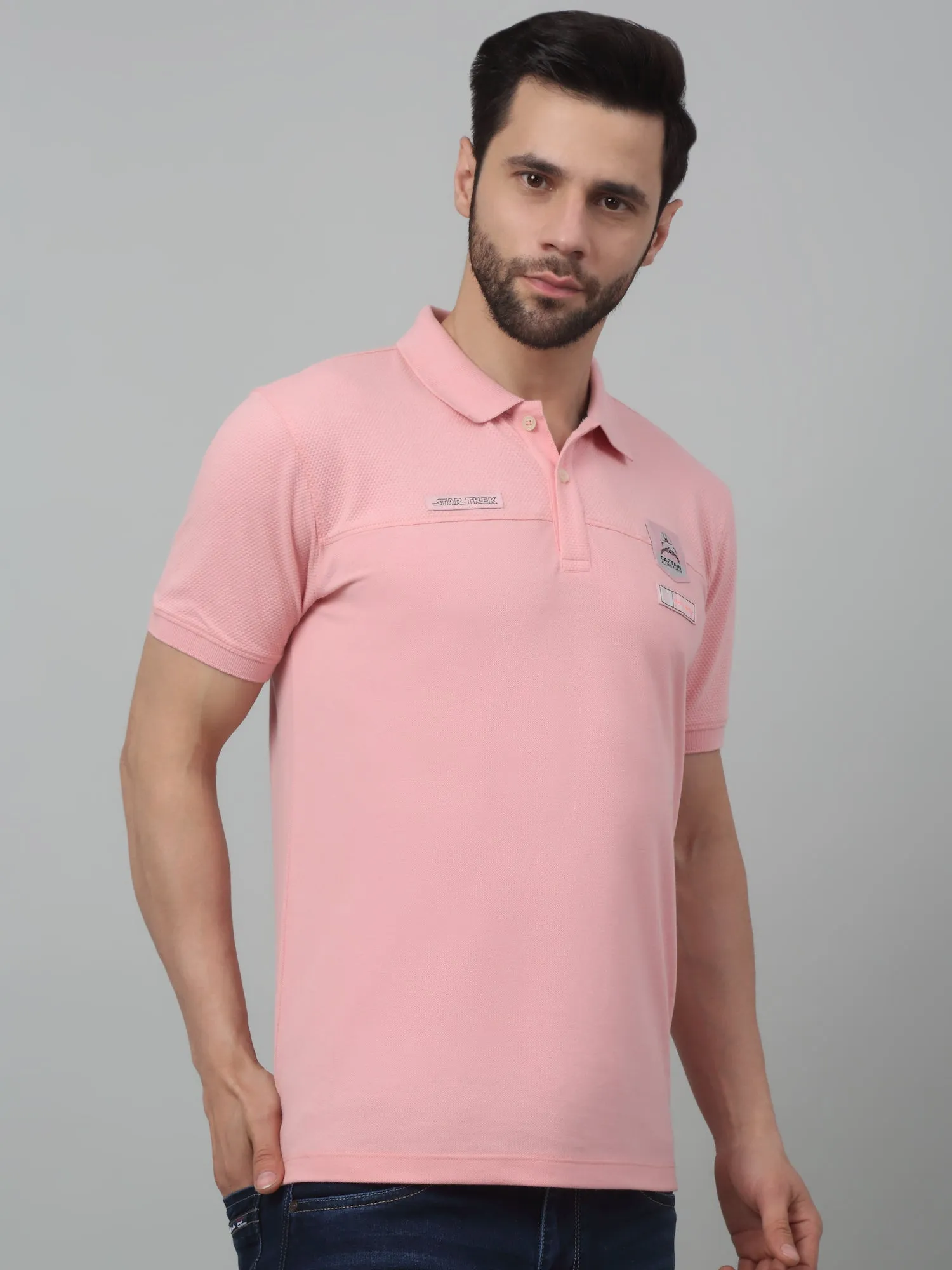 Men's Light Pink Polo neck Half Sleeve T-Shirt with cut n sew