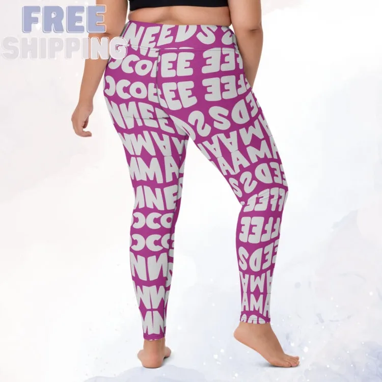 Momma Needs Coffee Purple and Grey High Waist Leggings