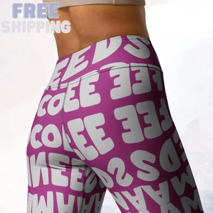 Momma Needs Coffee Purple and Grey High Waist Leggings
