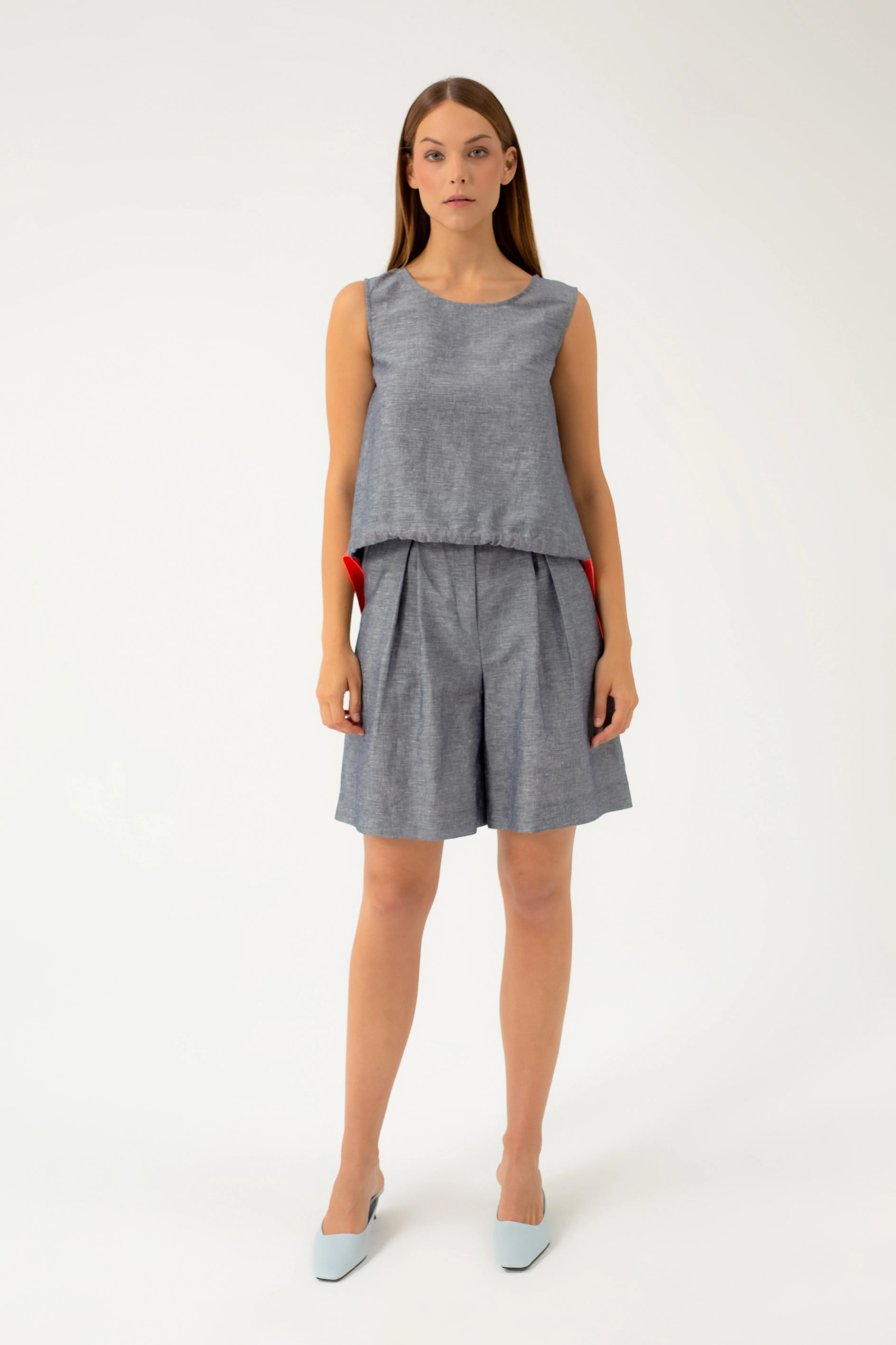 NAVY MELANGE SHORTS WITH LINEN