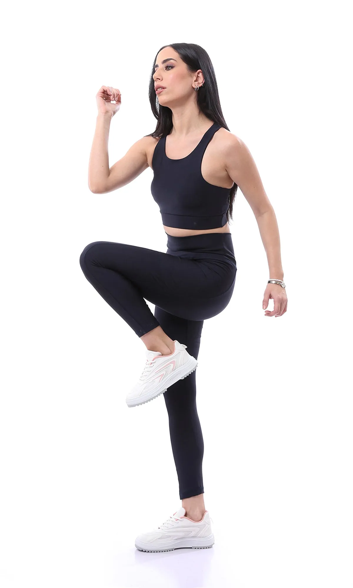 O167540 Elastic Waist Solid Navy Blue Sports Long Leggings