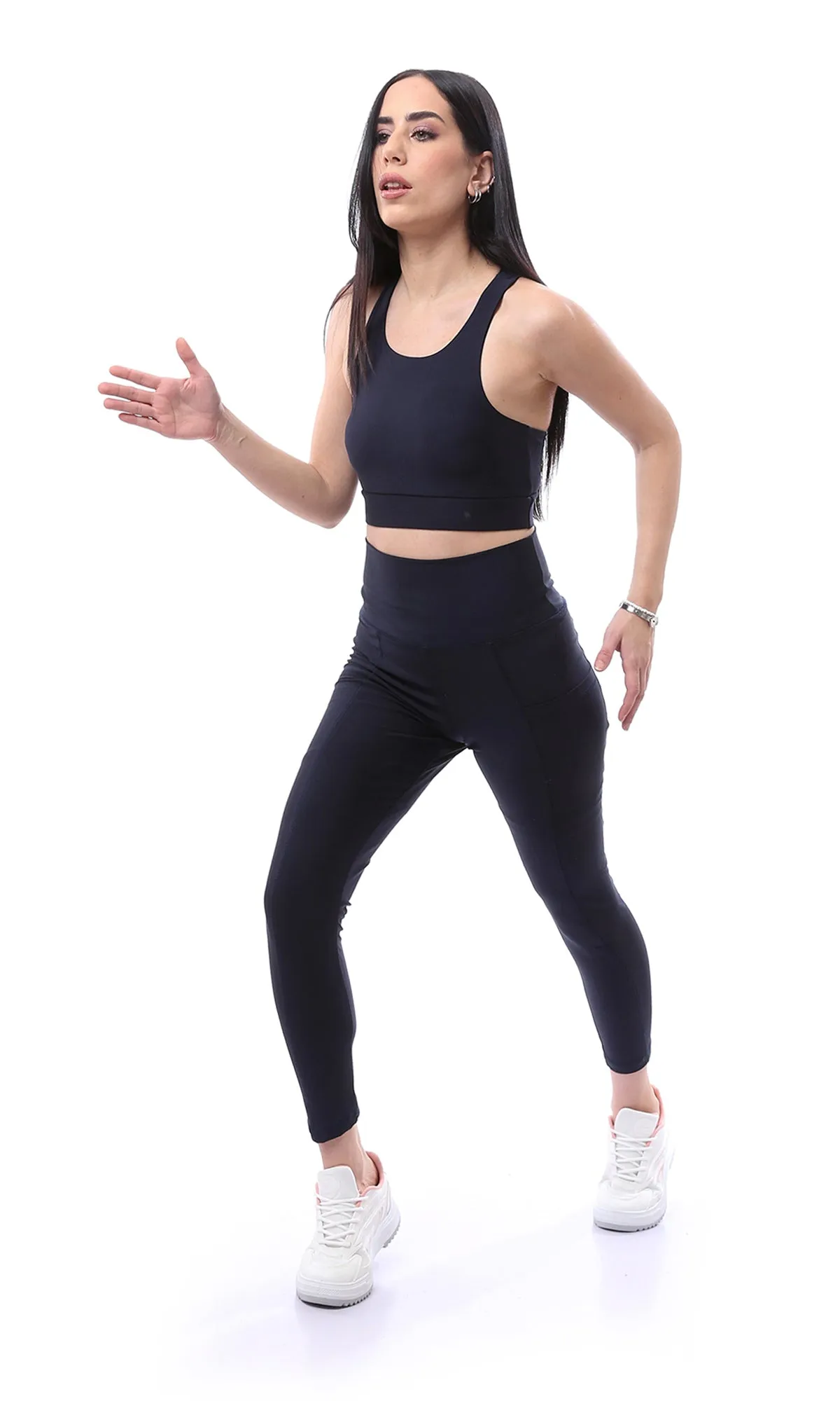 O167540 Elastic Waist Solid Navy Blue Sports Long Leggings