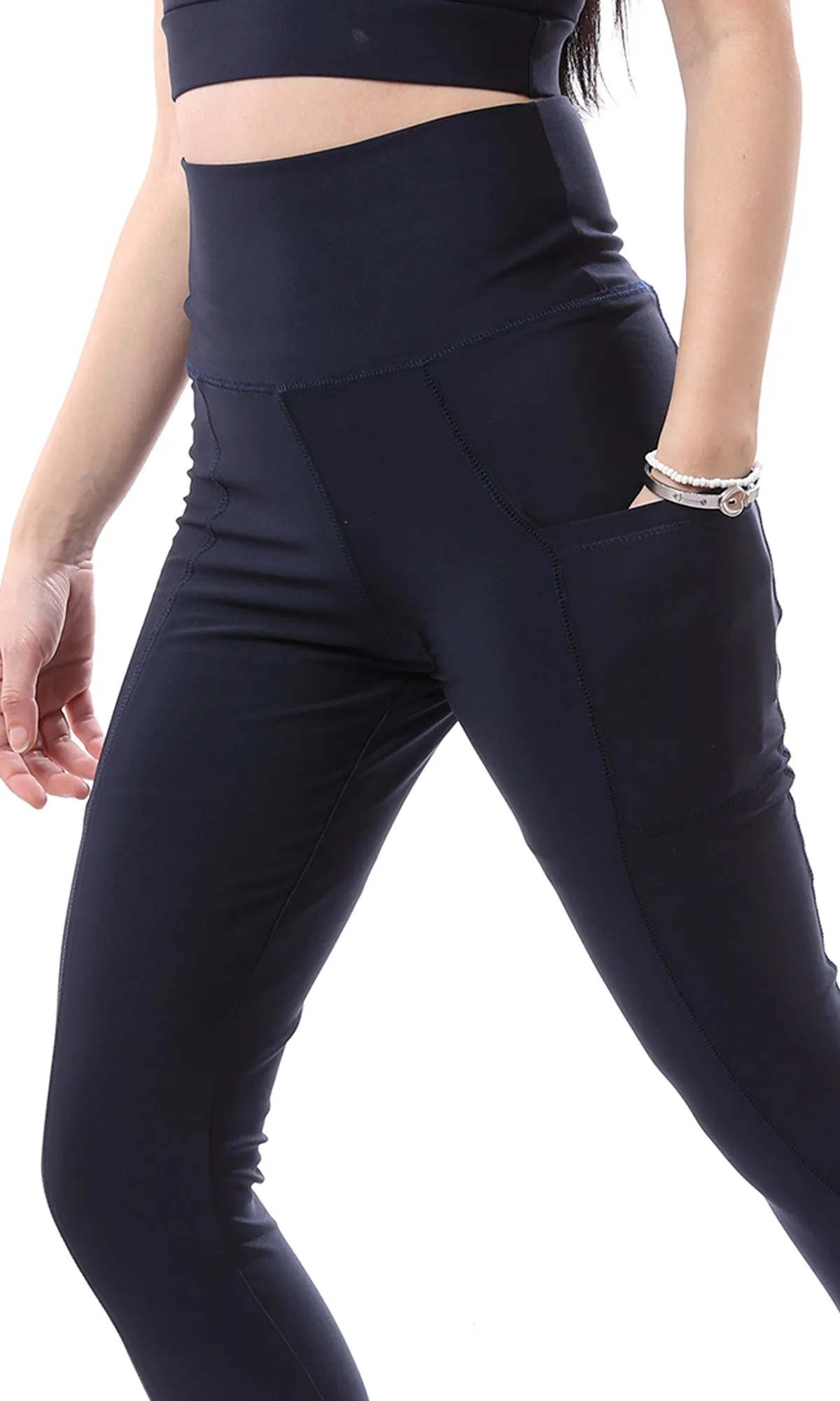O167540 Elastic Waist Solid Navy Blue Sports Long Leggings