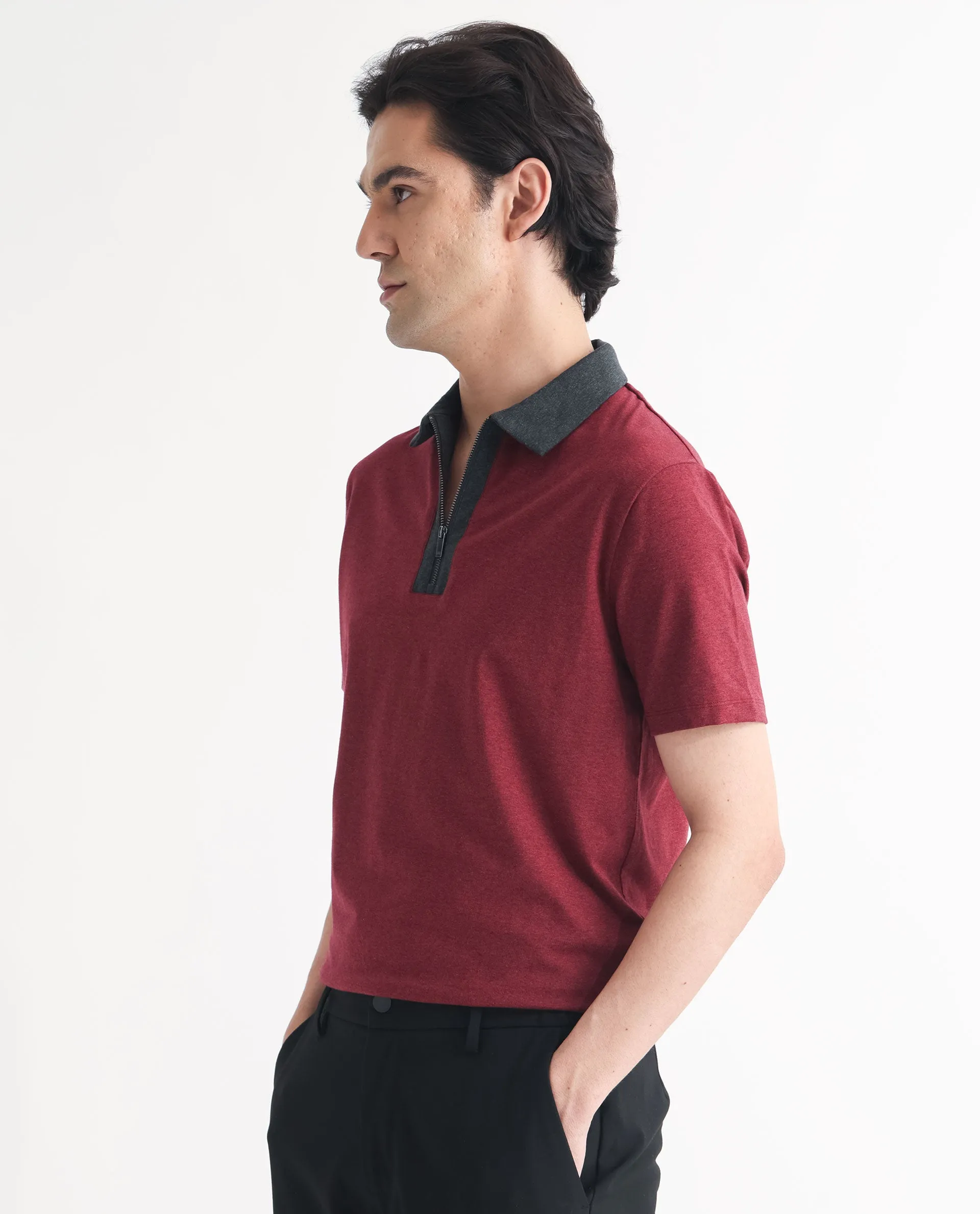 Rare Rabbit Men's Panel Dark Red Cotton Fabric Contrasting Collared Neck Zipper Closure Half Sleeve Melange Polo T-Shirt