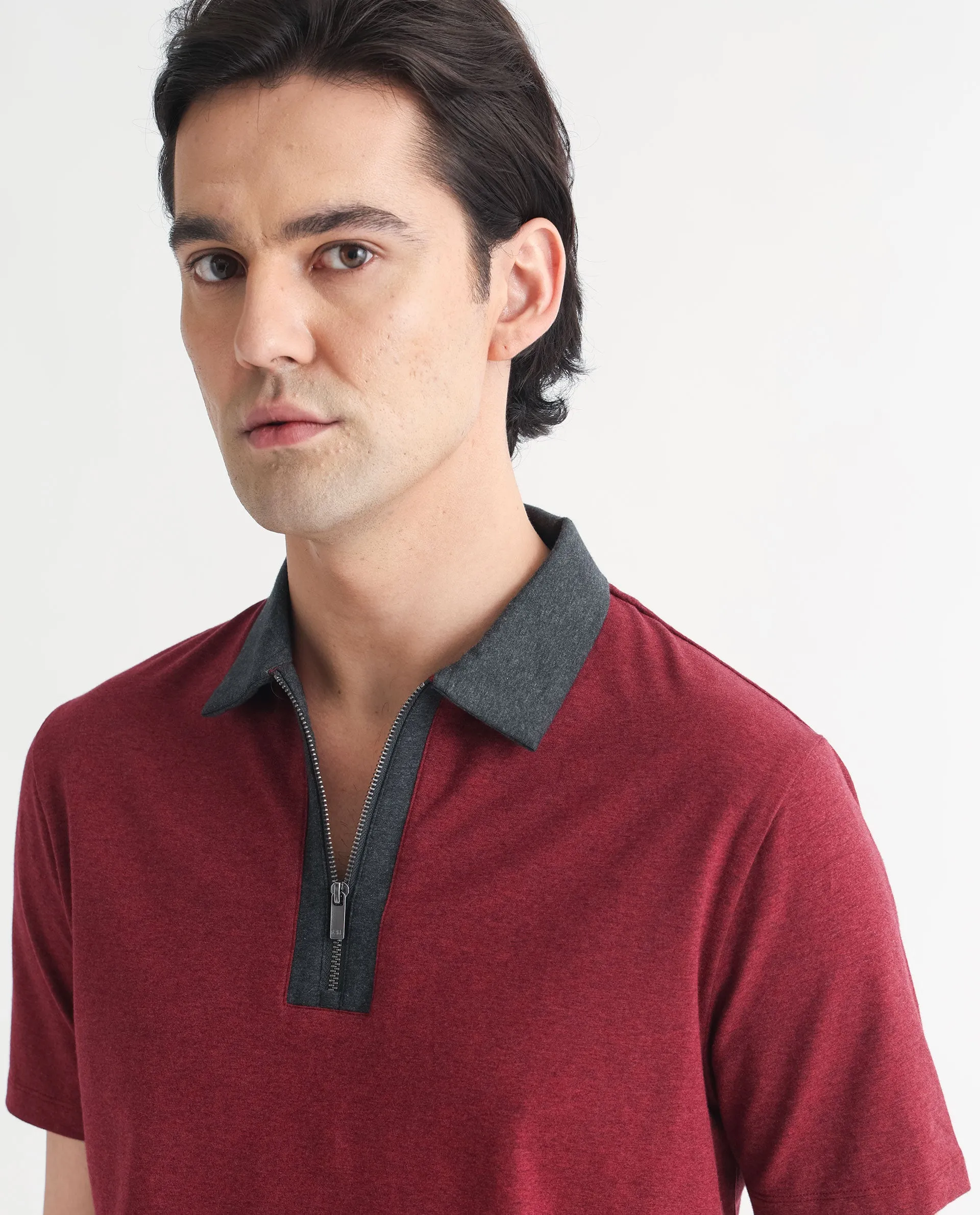 Rare Rabbit Men's Panel Dark Red Cotton Fabric Contrasting Collared Neck Zipper Closure Half Sleeve Melange Polo T-Shirt