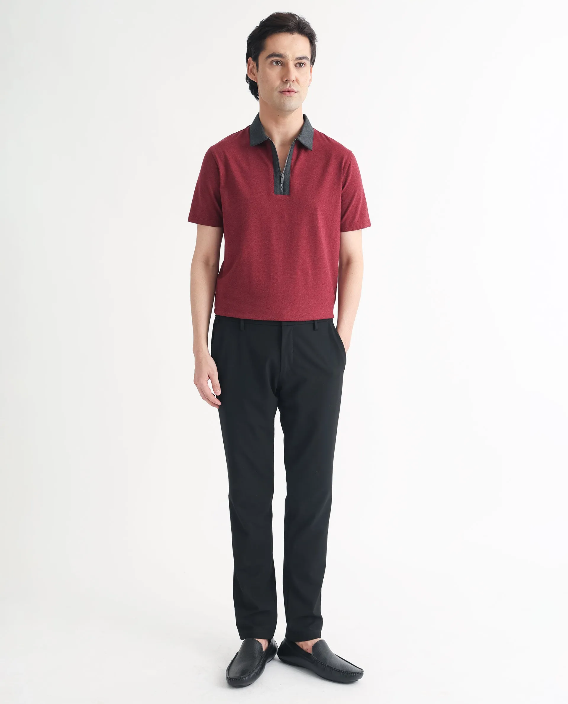 Rare Rabbit Men's Panel Dark Red Cotton Fabric Contrasting Collared Neck Zipper Closure Half Sleeve Melange Polo T-Shirt