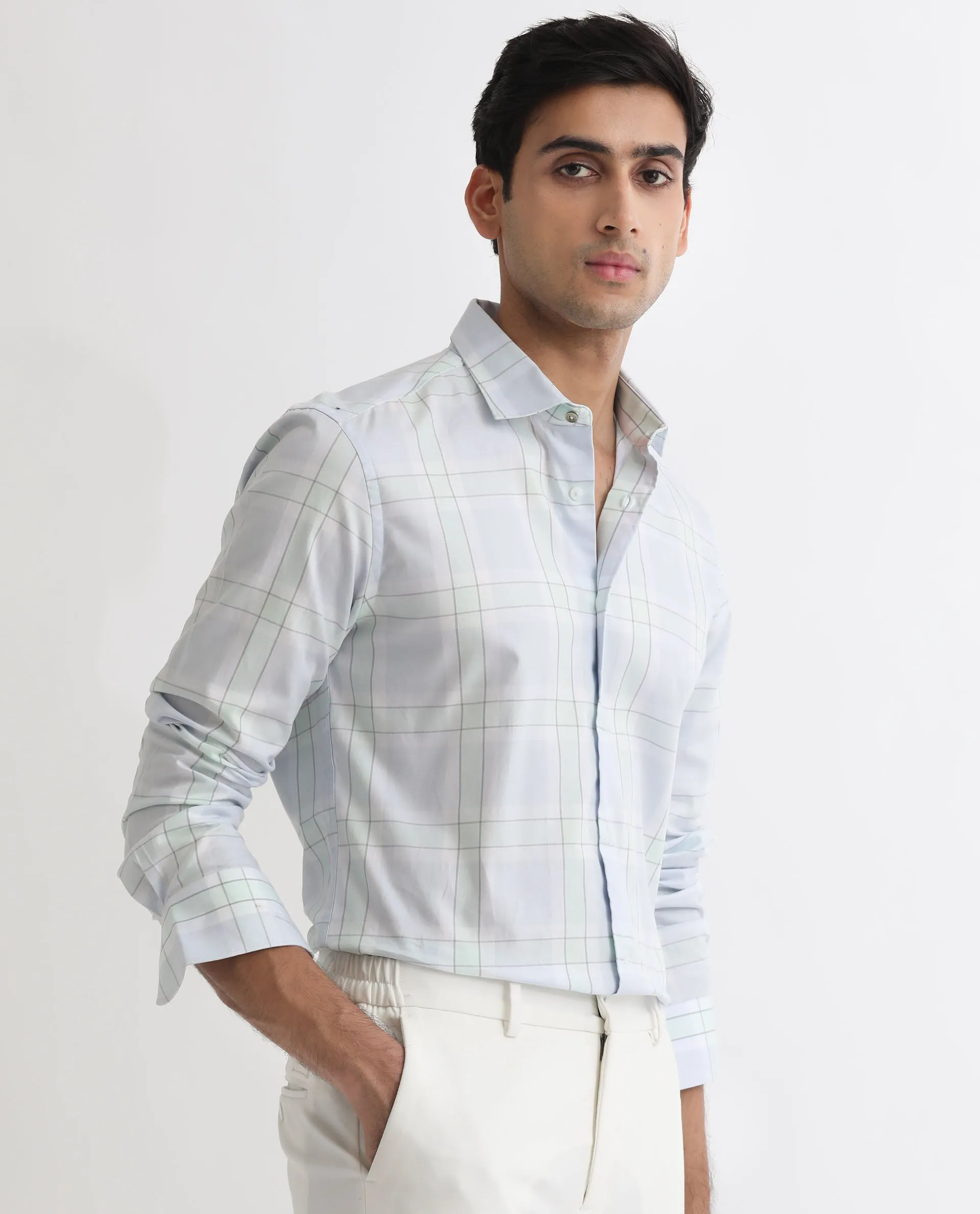 Rare Rabbit Men's Tarkin Light Blue Cotton Fabric Full Sleeves Checks Shirt