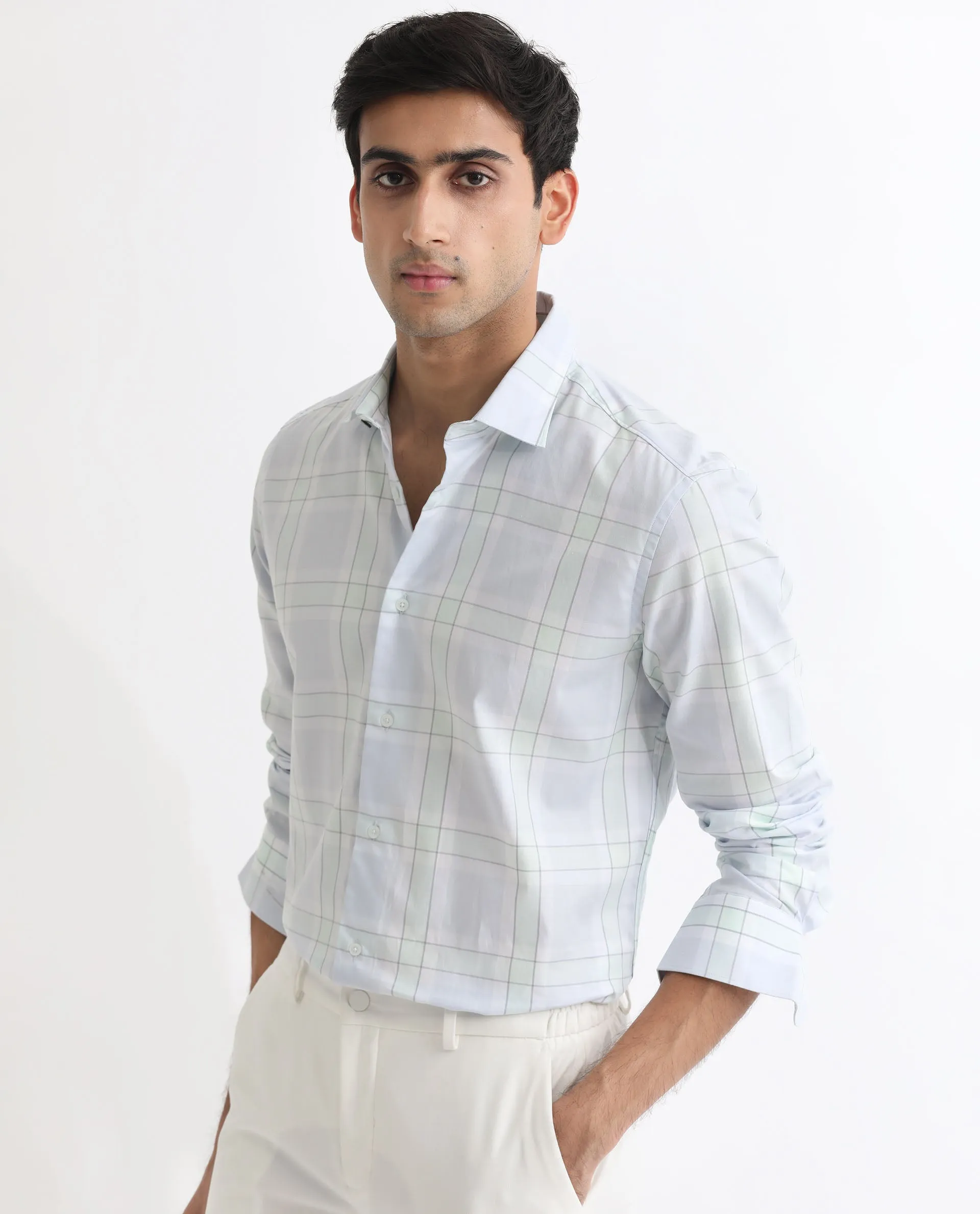 Rare Rabbit Men's Tarkin Light Blue Cotton Fabric Full Sleeves Checks Shirt