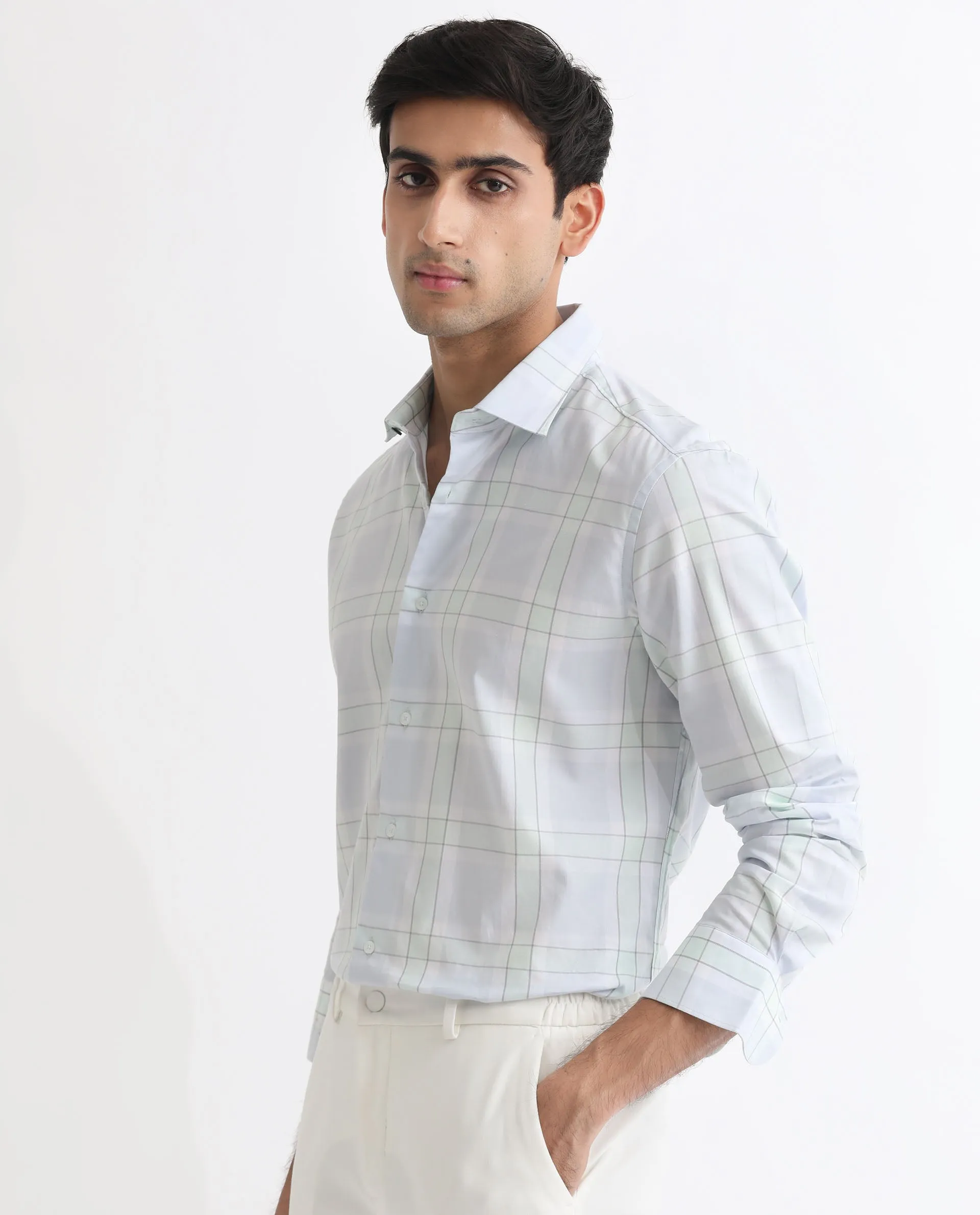 Rare Rabbit Men's Tarkin Light Blue Cotton Fabric Full Sleeves Checks Shirt