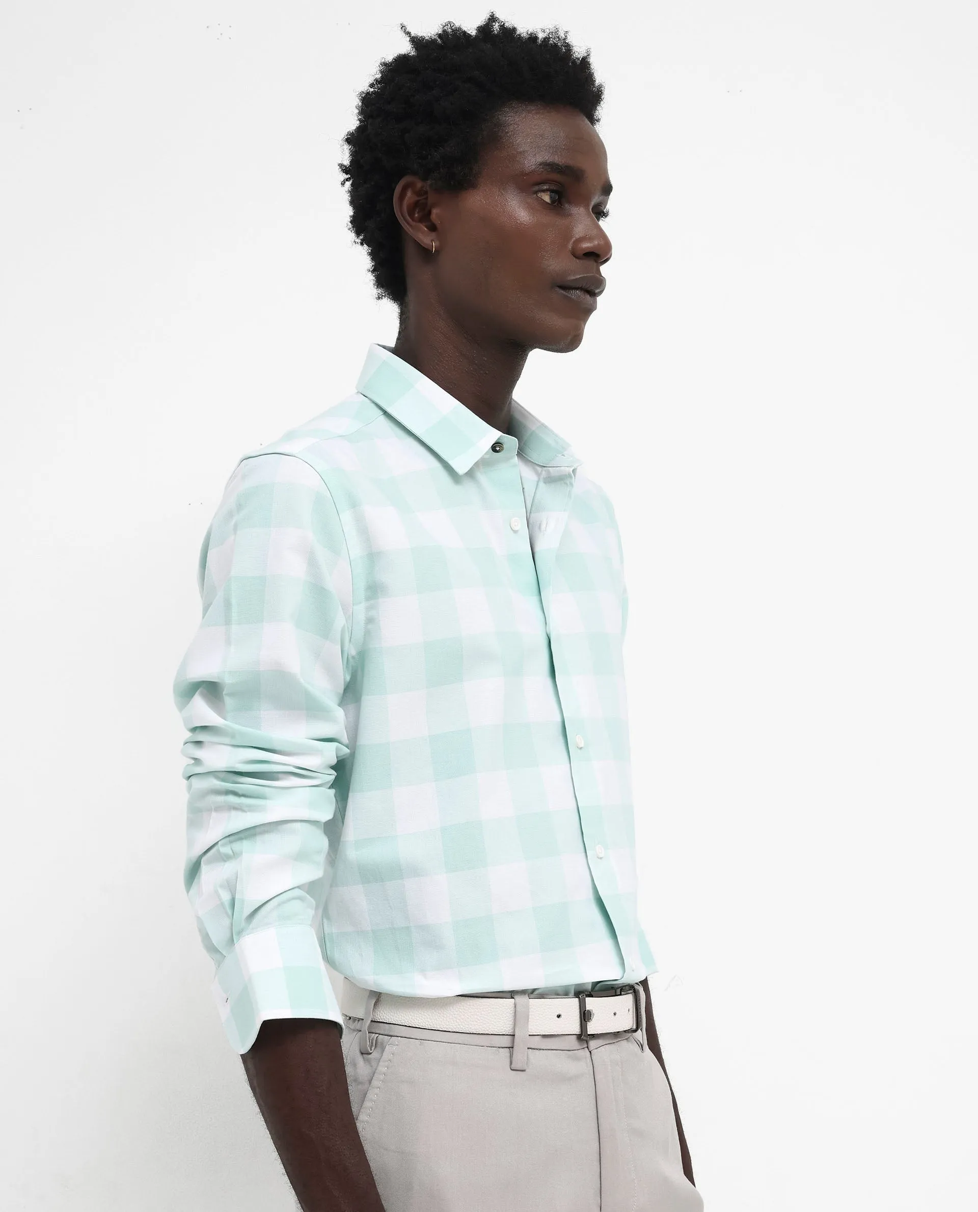 Rare Rabbit Men's Tinker Dark Turq Cotton Fabric Full Sleeve Regular Fit Gingham Checks Shirt