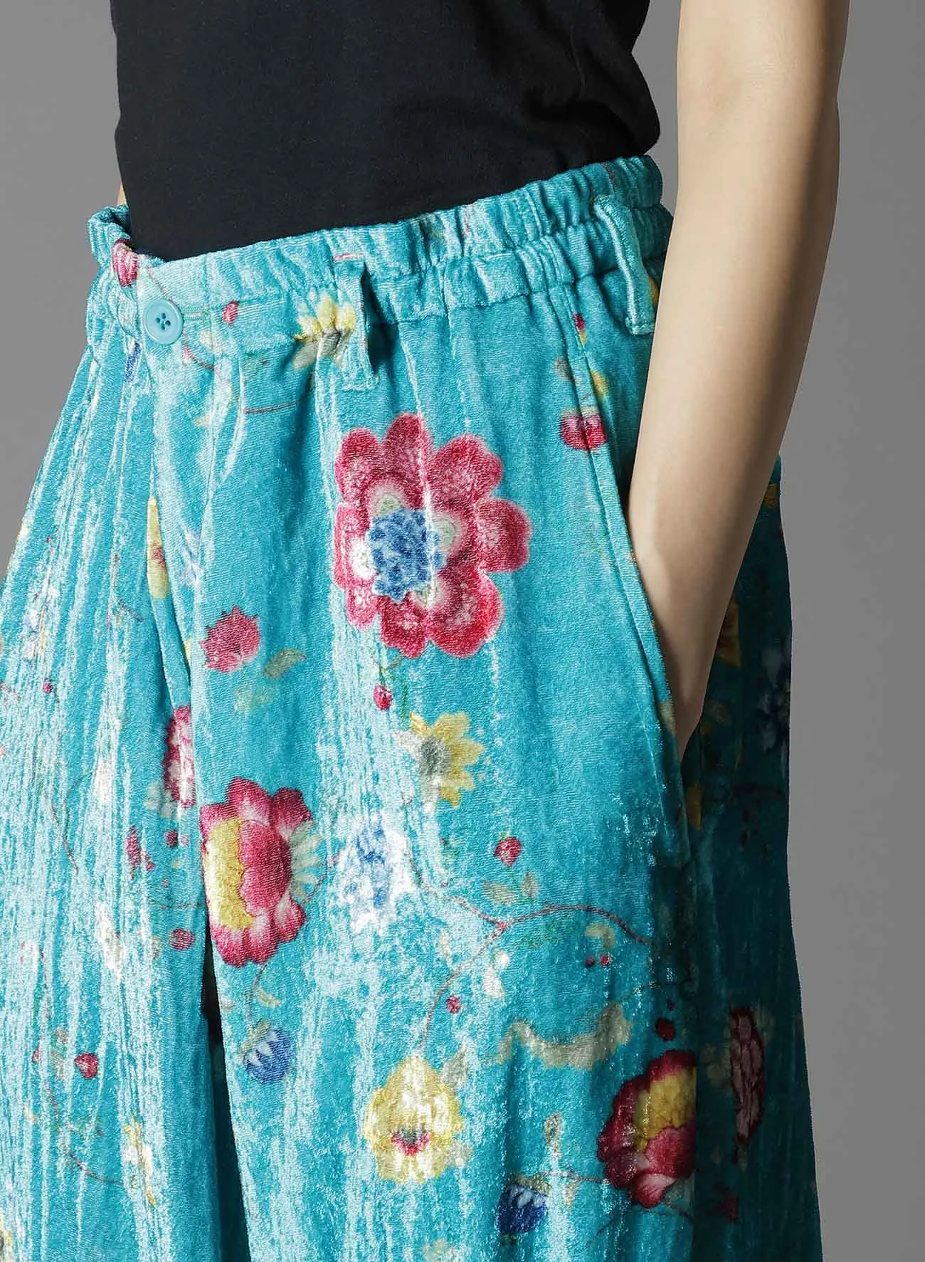 RAYON VELVET PRINT CHINESE FLOWER INSEAM BUTTON SAROUEL PANTS