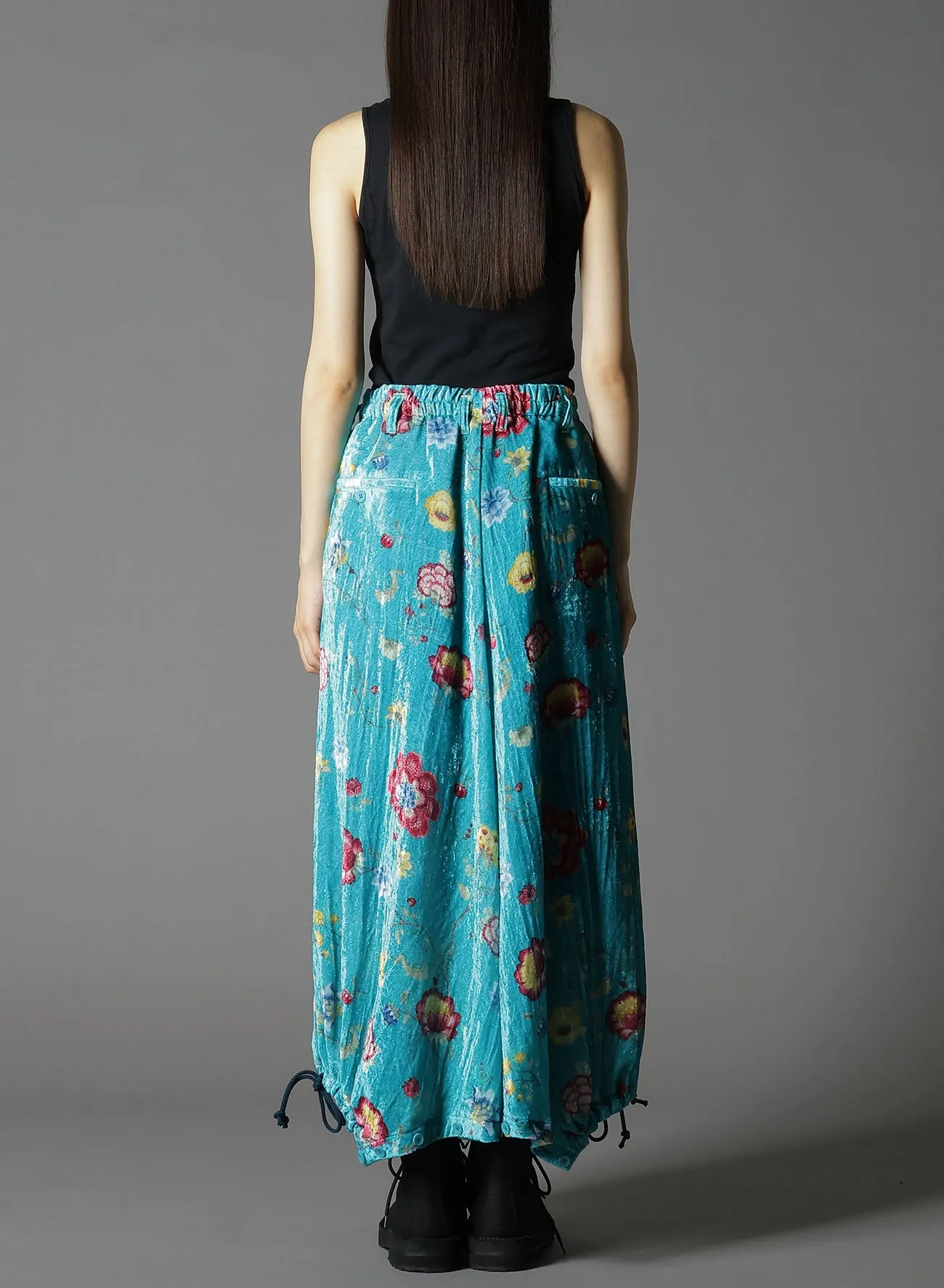 RAYON VELVET PRINT CHINESE FLOWER INSEAM BUTTON SAROUEL PANTS