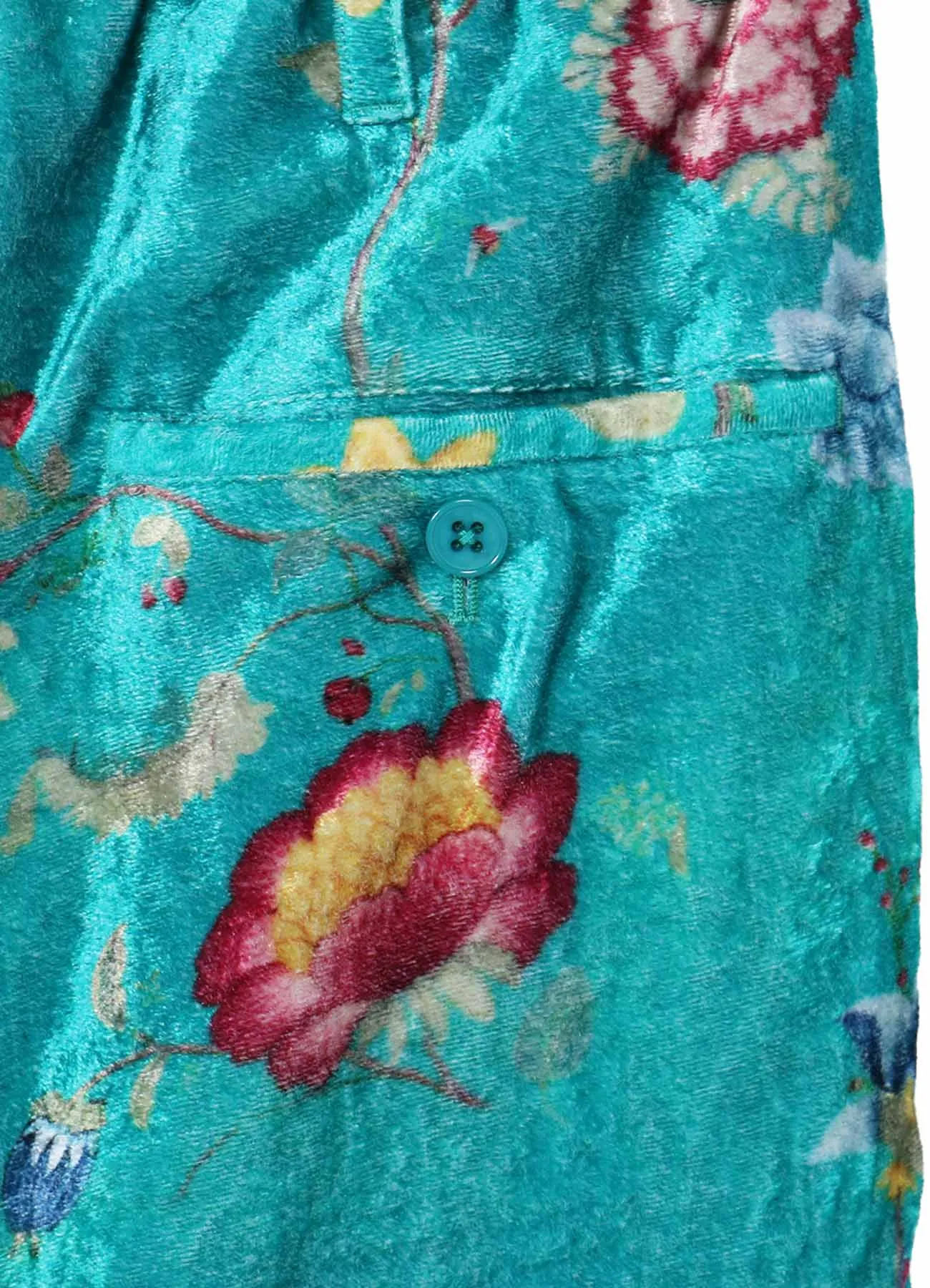RAYON VELVET PRINT CHINESE FLOWER INSEAM BUTTON SAROUEL PANTS