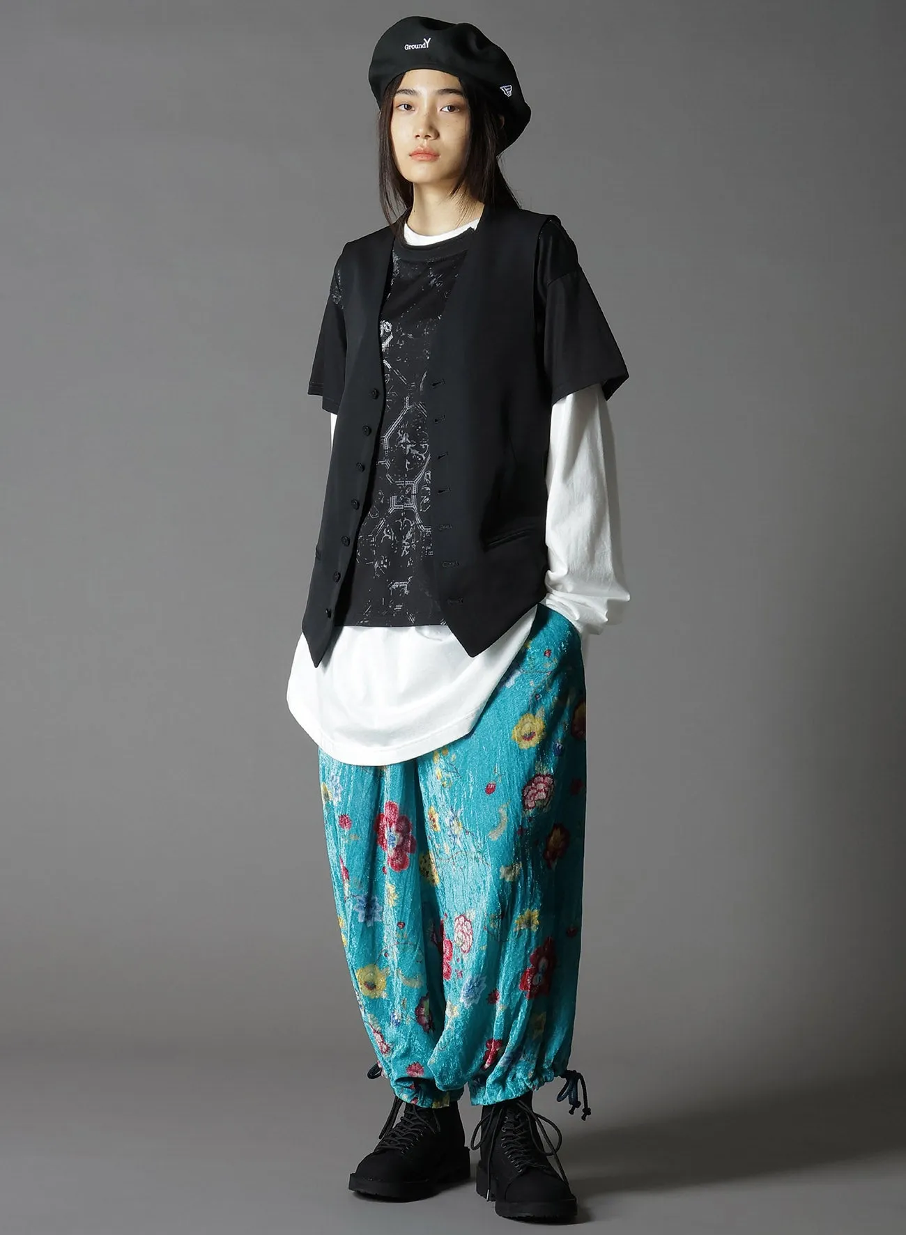 RAYON VELVET PRINT CHINESE FLOWER INSEAM BUTTON SAROUEL PANTS
