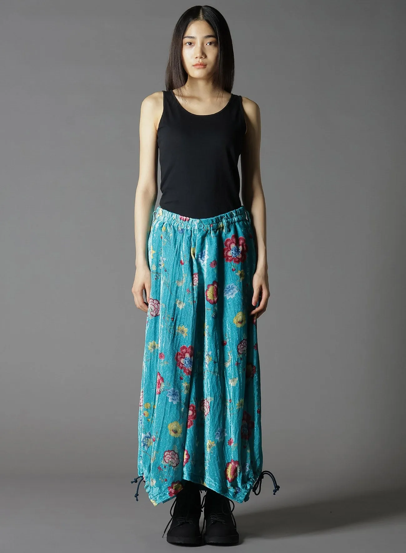 RAYON VELVET PRINT CHINESE FLOWER INSEAM BUTTON SAROUEL PANTS