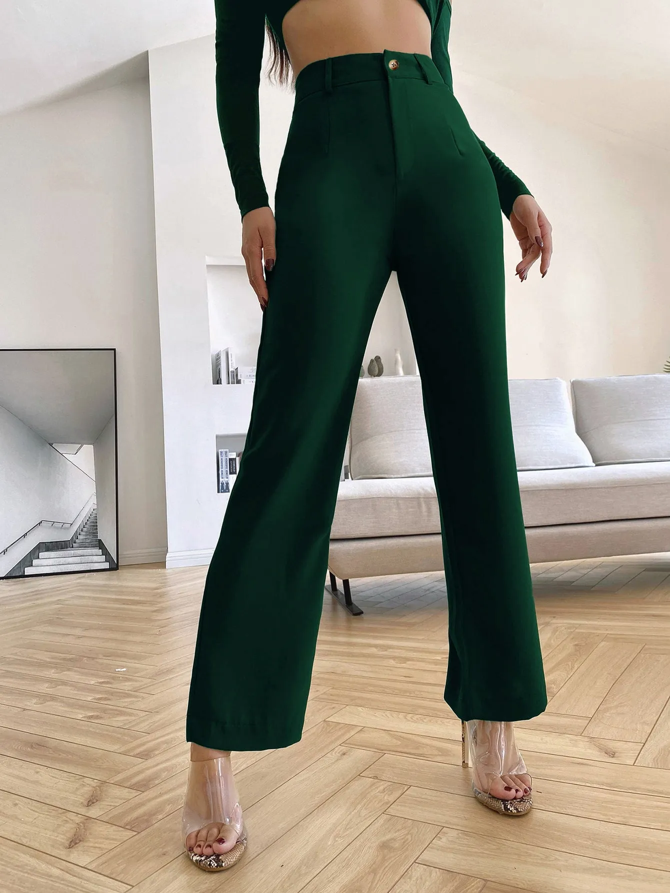 Rustic Green High Rise Casual Trousers