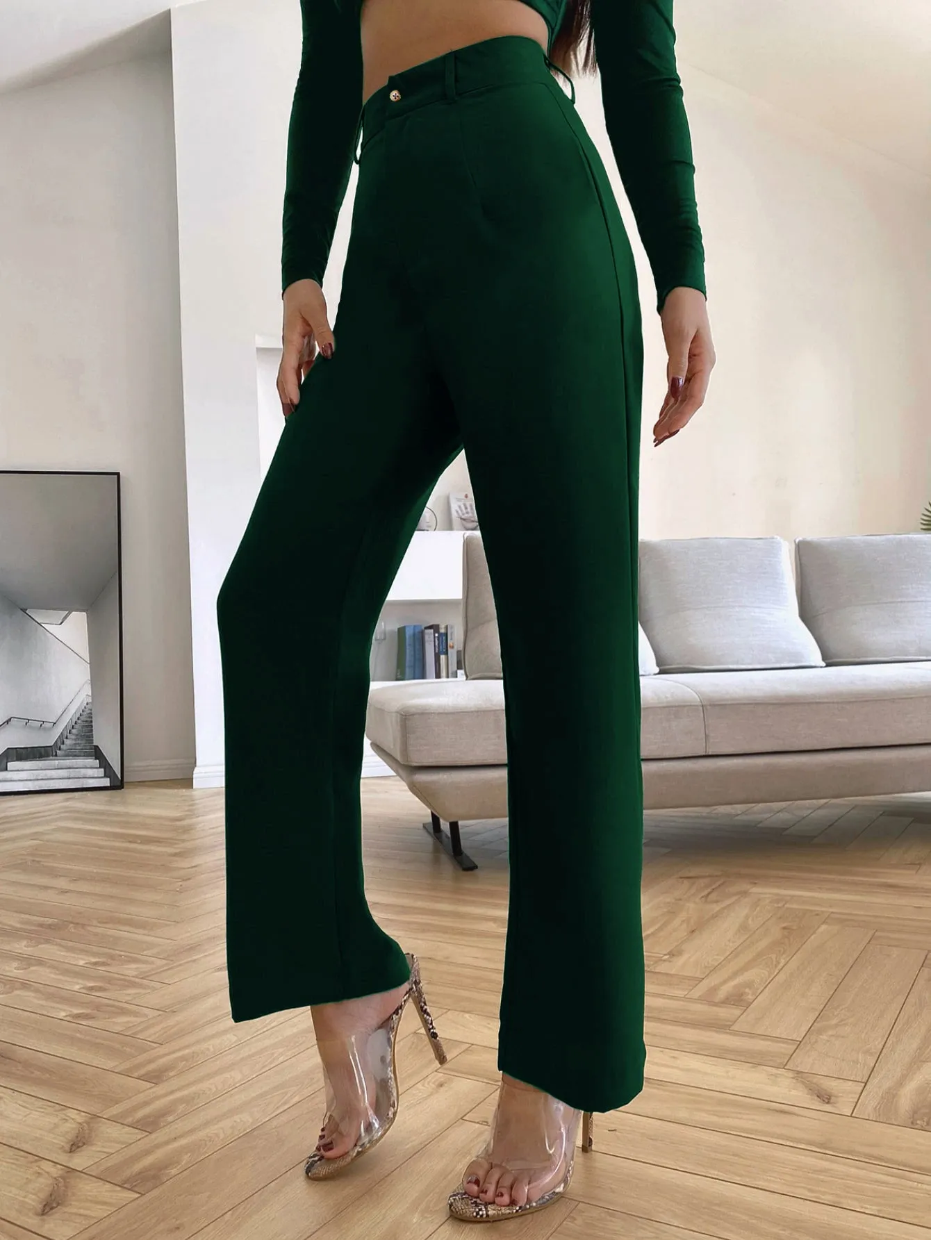 Rustic Green High Rise Casual Trousers