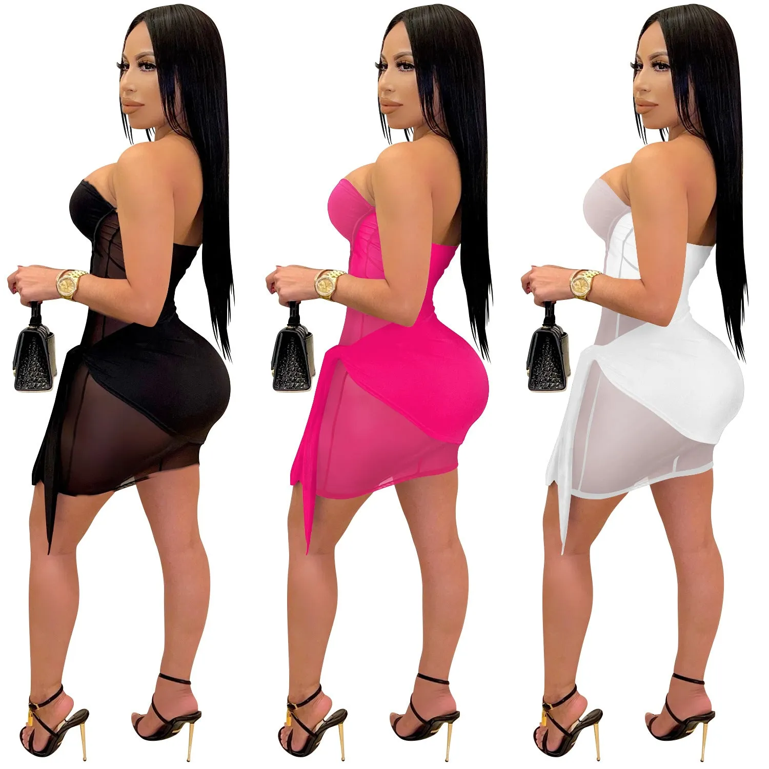 See through Pants Suit Solid Color Women's See-through Long-Sleeve Zipper Hollow out Two-Piece Set