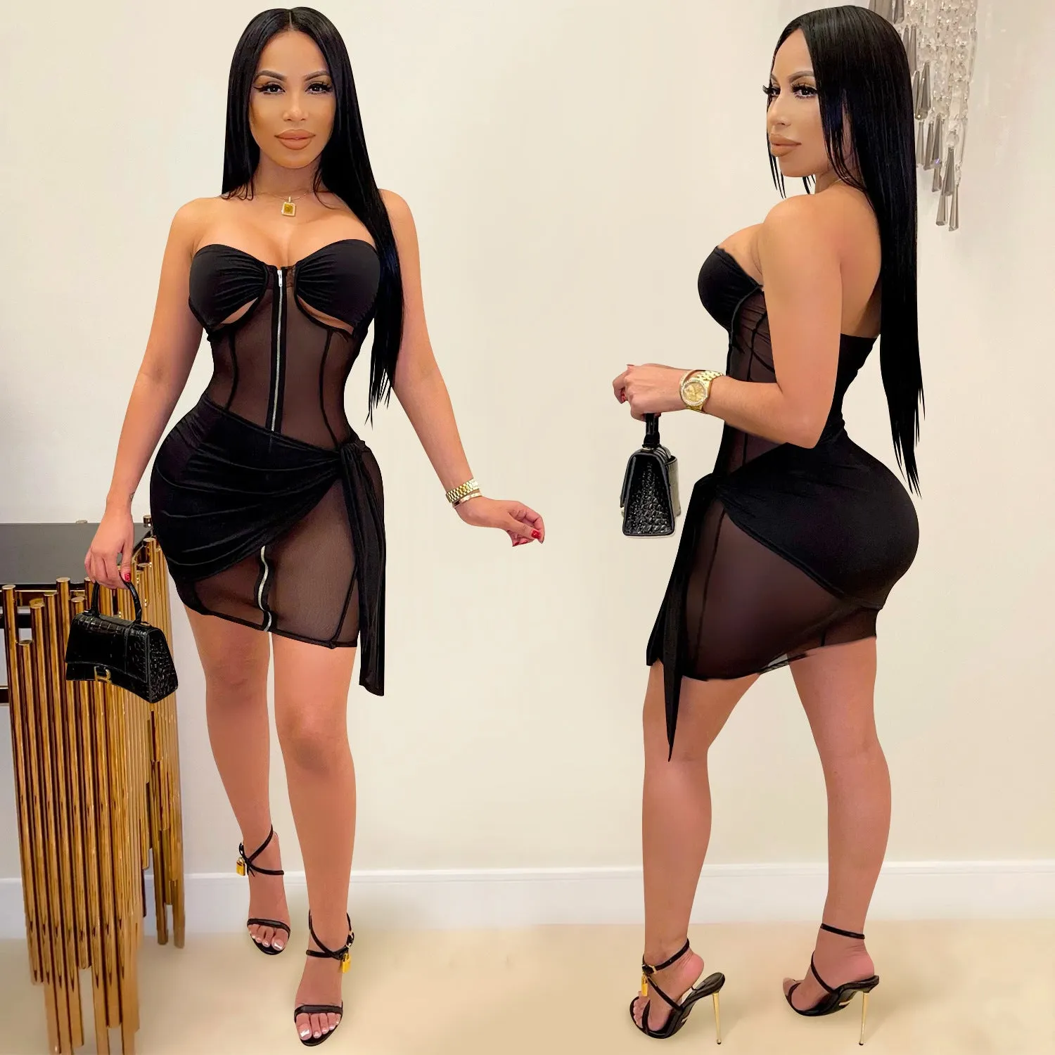 See through Pants Suit Solid Color Women's See-through Long-Sleeve Zipper Hollow out Two-Piece Set