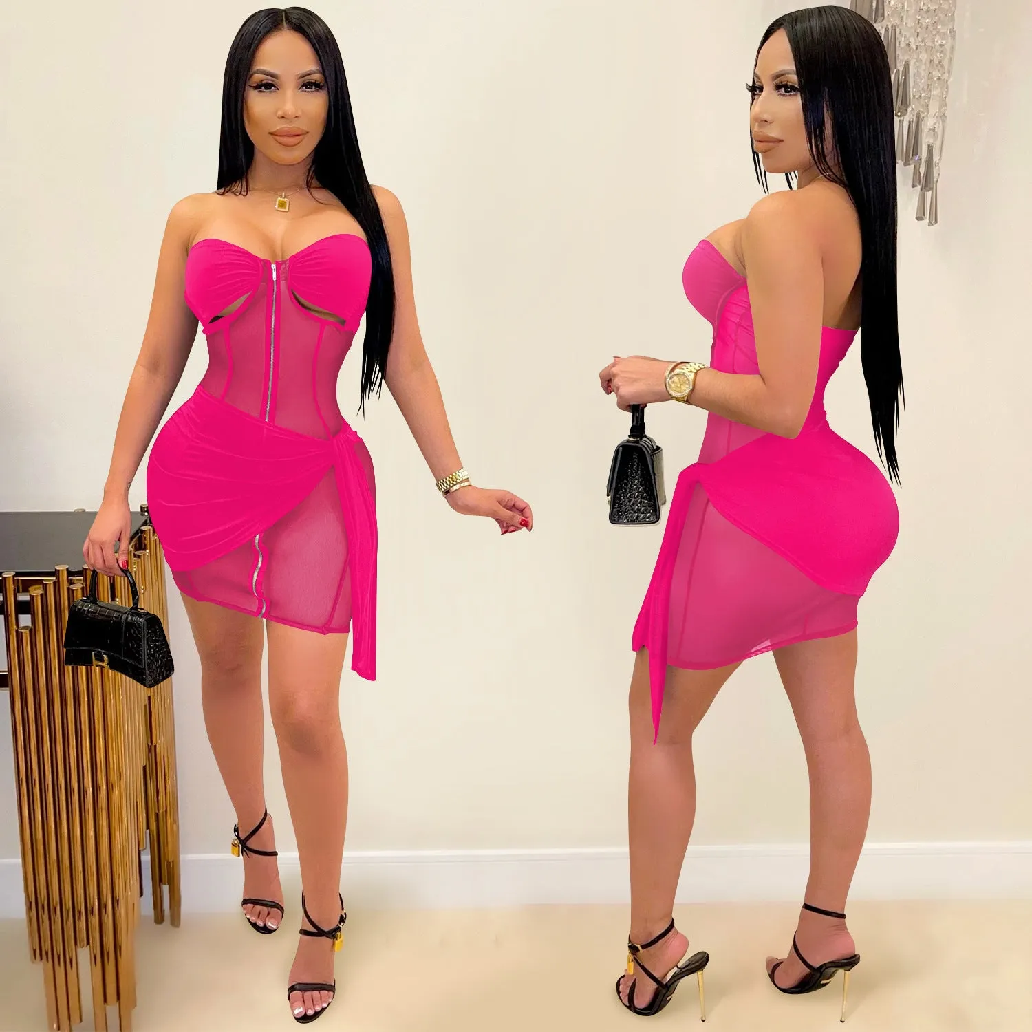 See through Pants Suit Solid Color Women's See-through Long-Sleeve Zipper Hollow out Two-Piece Set