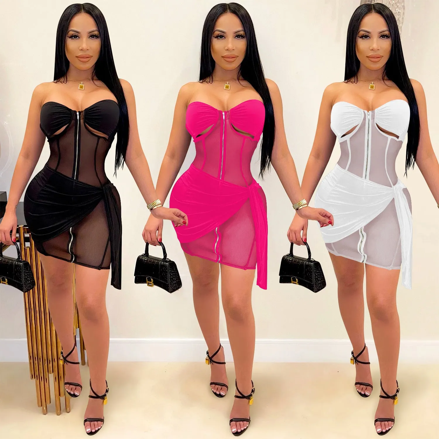 See through Pants Suit Solid Color Women's See-through Long-Sleeve Zipper Hollow out Two-Piece Set