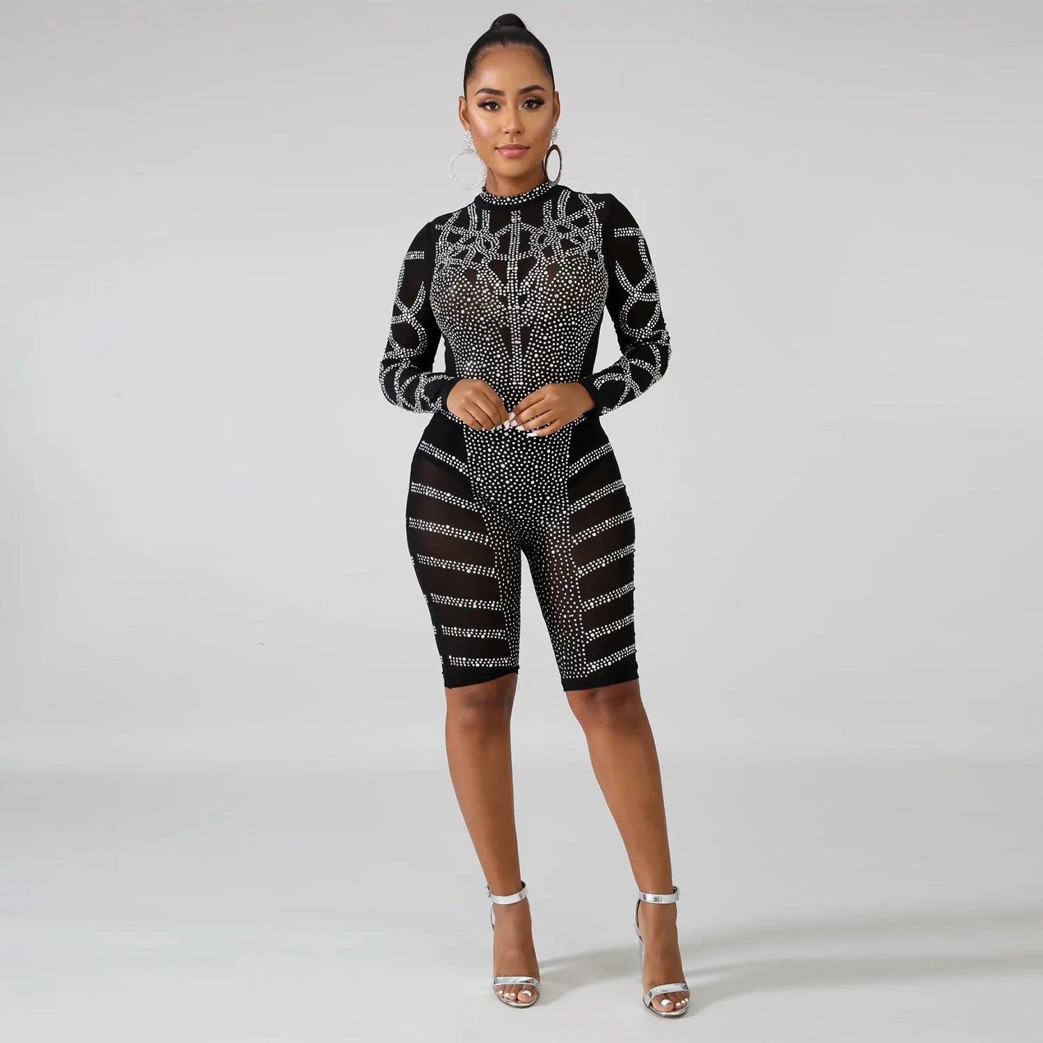 See through Pants Suit Women's Hot Rhinestone Sexy Mesh See-through Nightclub