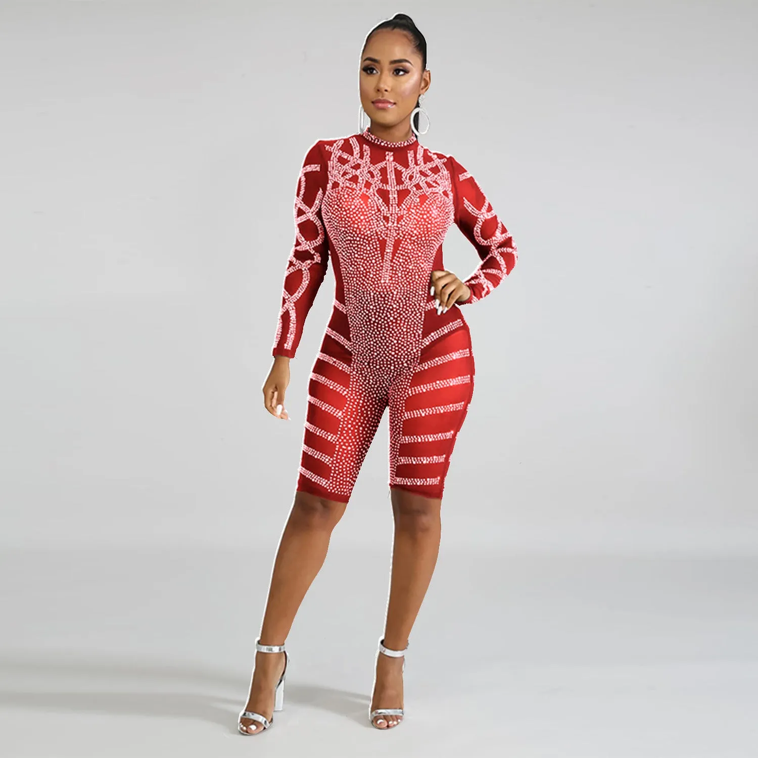 See through Pants Suit Women's Hot Rhinestone Sexy Mesh See-through Nightclub