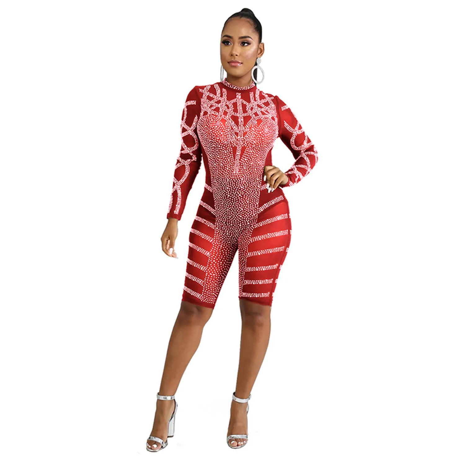 See through Pants Suit Women's Hot Rhinestone Sexy Mesh See-through Nightclub