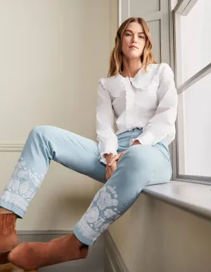 Slim Straight Ankle Skimmers-Dusty Blue, Embroidered