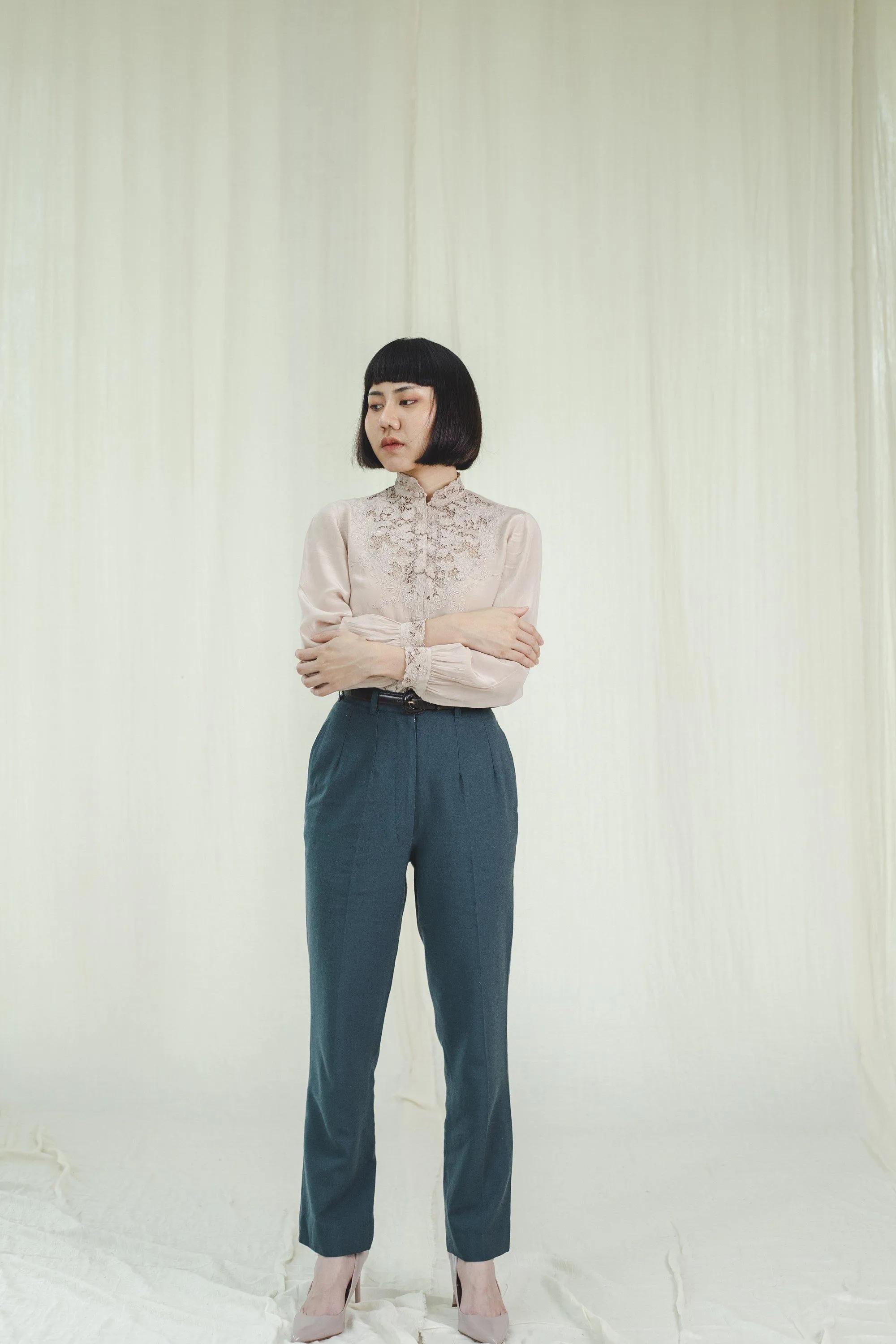 Vintage High Waist Blue and Green Tapered Trousers