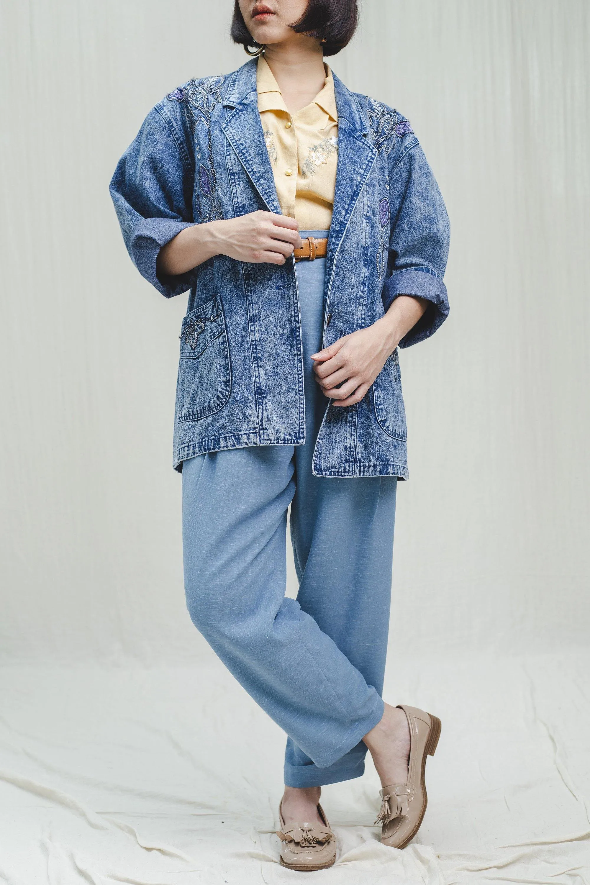 Vintage Linen Blue Pleated High Waisted Trousers
