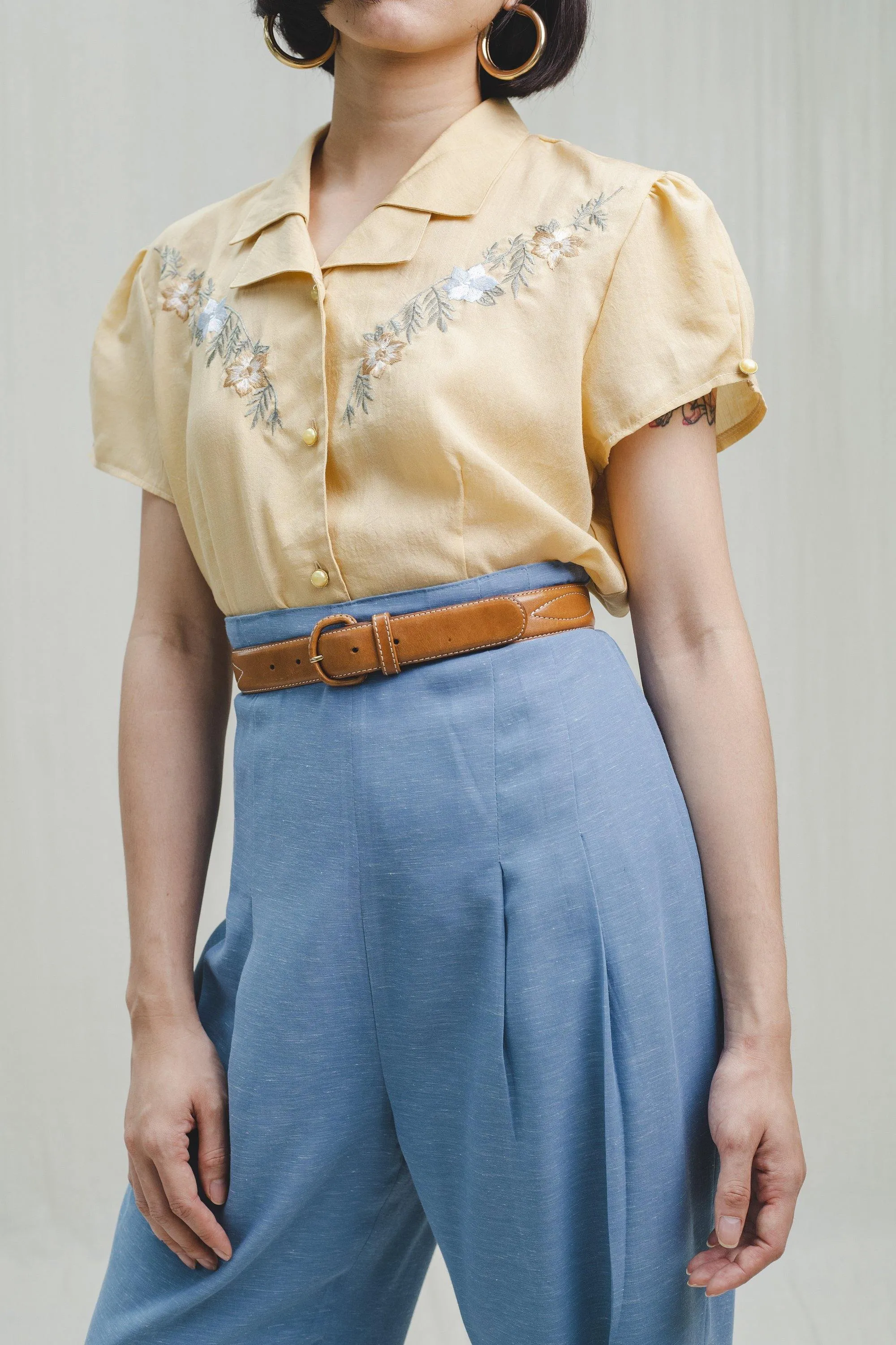 Vintage Linen Blue Pleated High Waisted Trousers