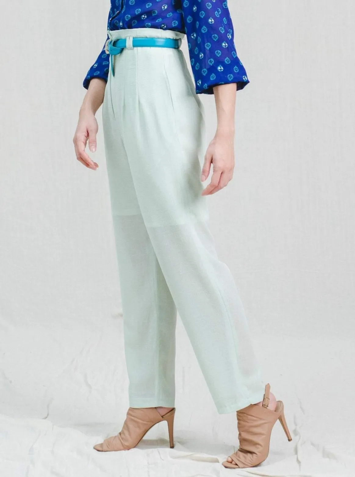 Vintage Straight High-Waisted Mint Green Polyester Trousers