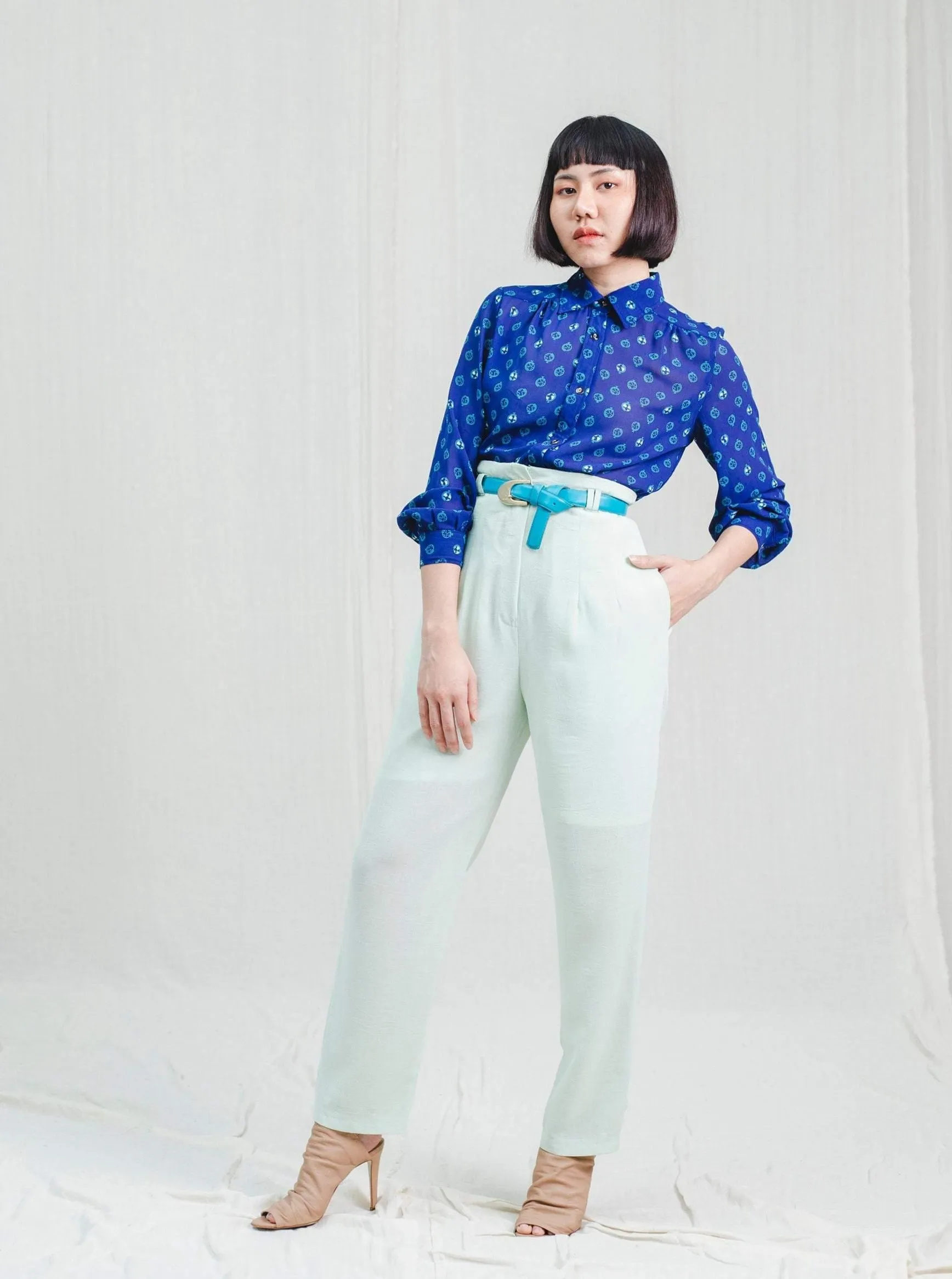 Vintage Straight High-Waisted Mint Green Polyester Trousers