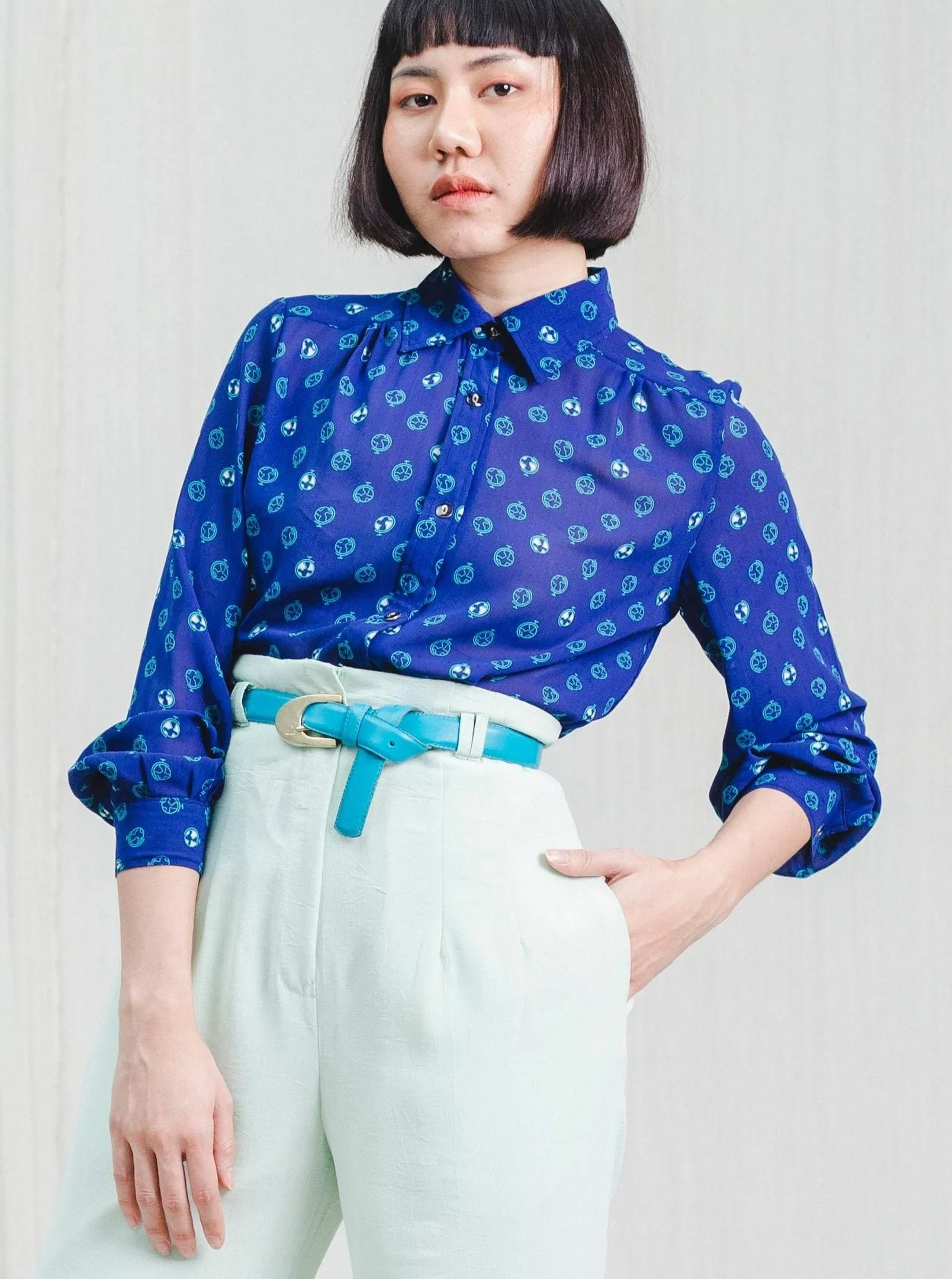 Vintage Straight High-Waisted Mint Green Polyester Trousers