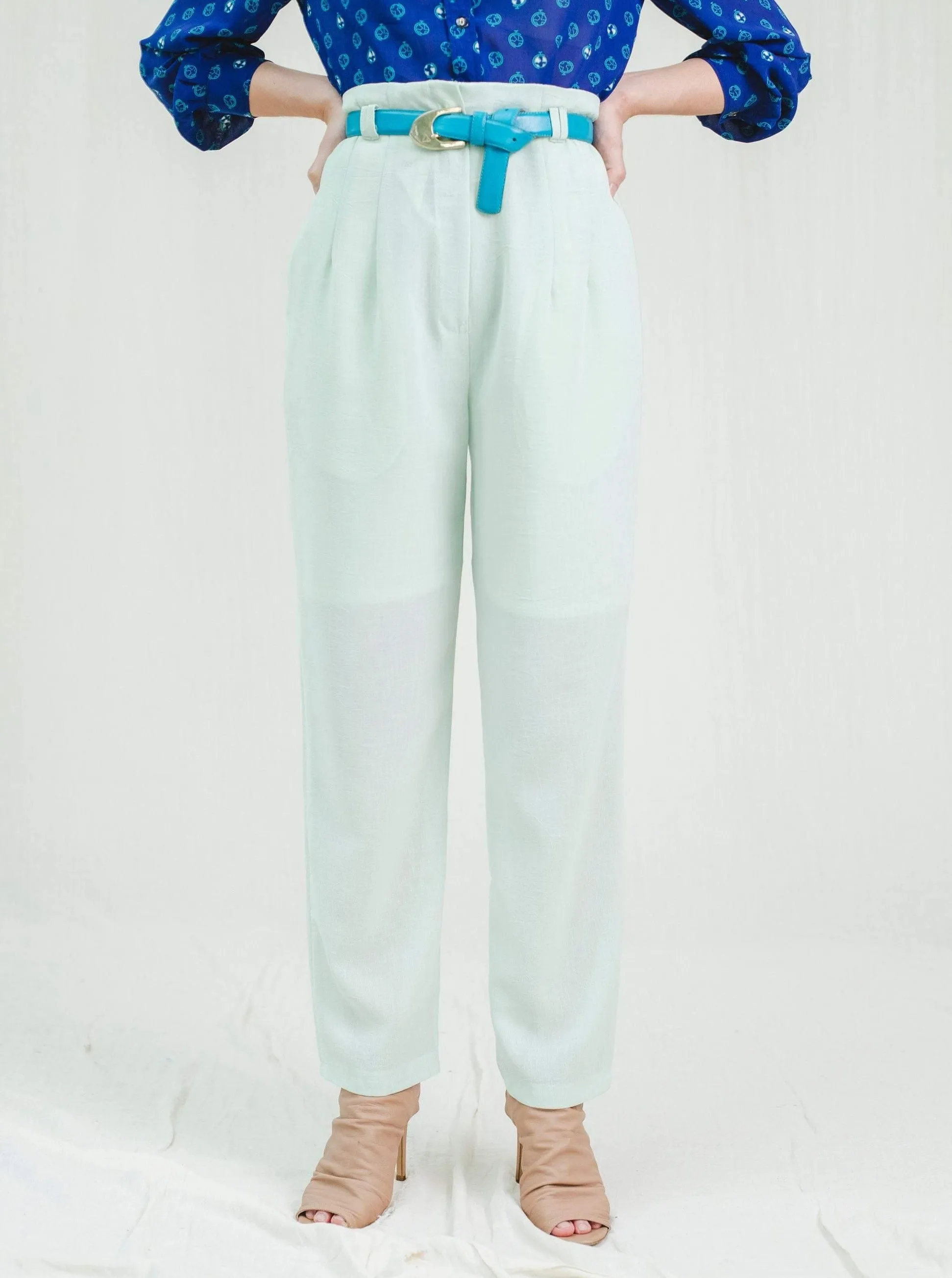 Vintage Straight High-Waisted Mint Green Polyester Trousers
