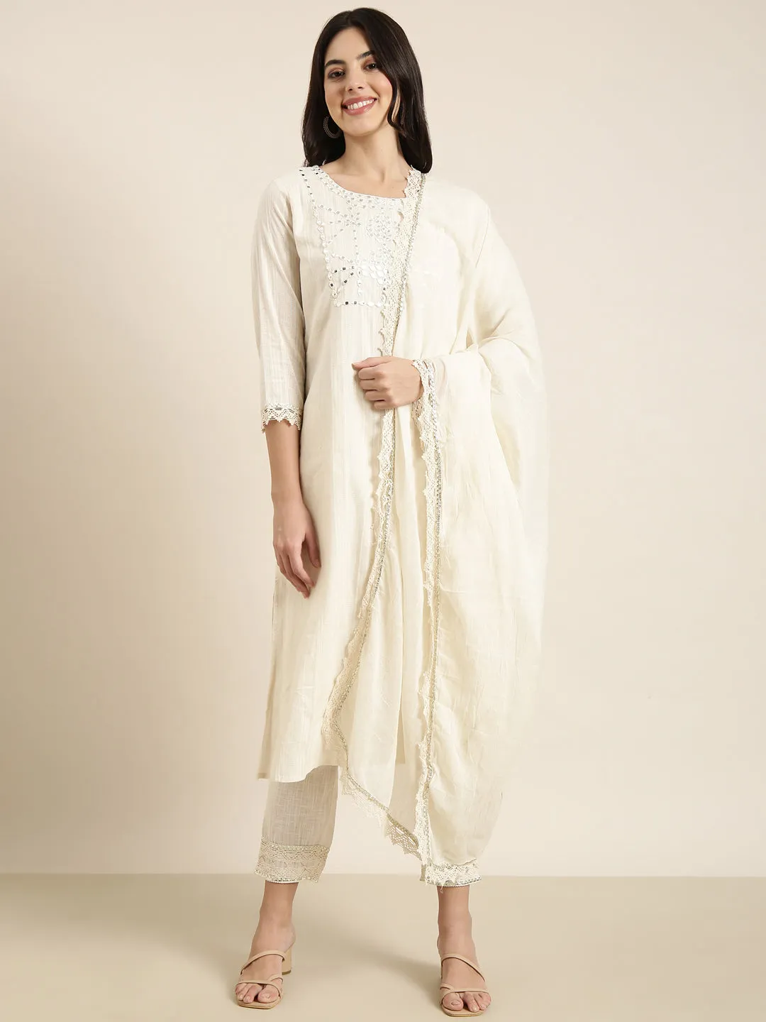 Women Straight Cream Solid Kurta and Trousers Set Comes With Dupatta