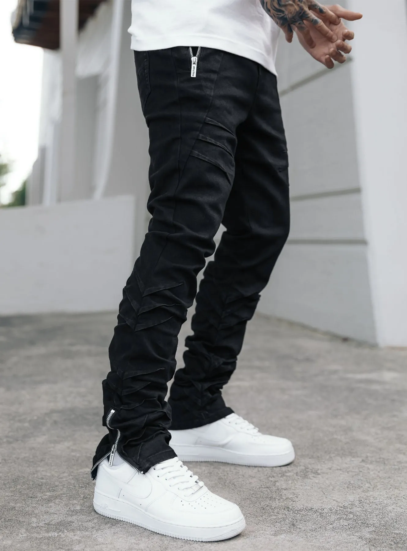 Wrinkled Track Jeans in Jet Black
