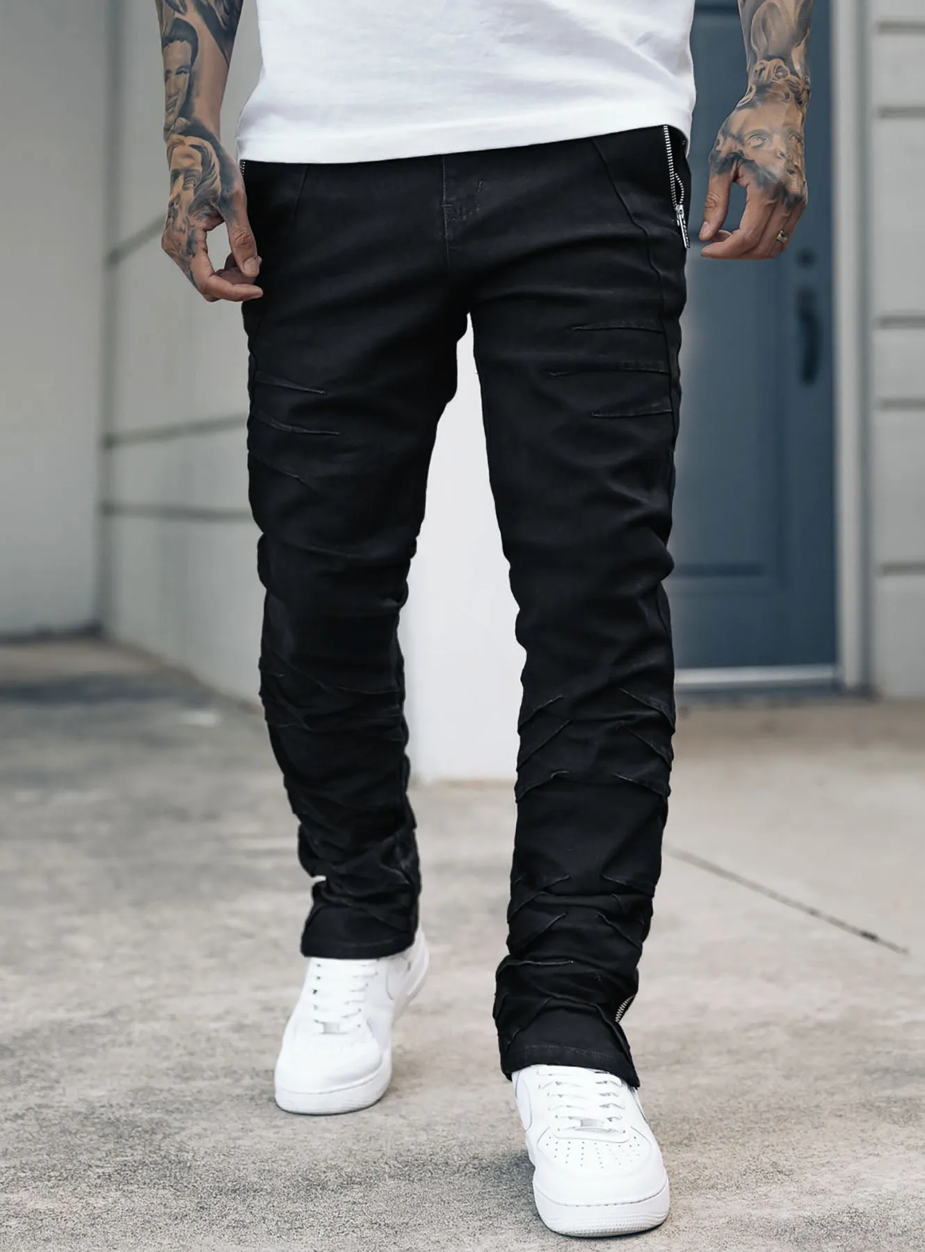 Wrinkled Track Jeans in Jet Black